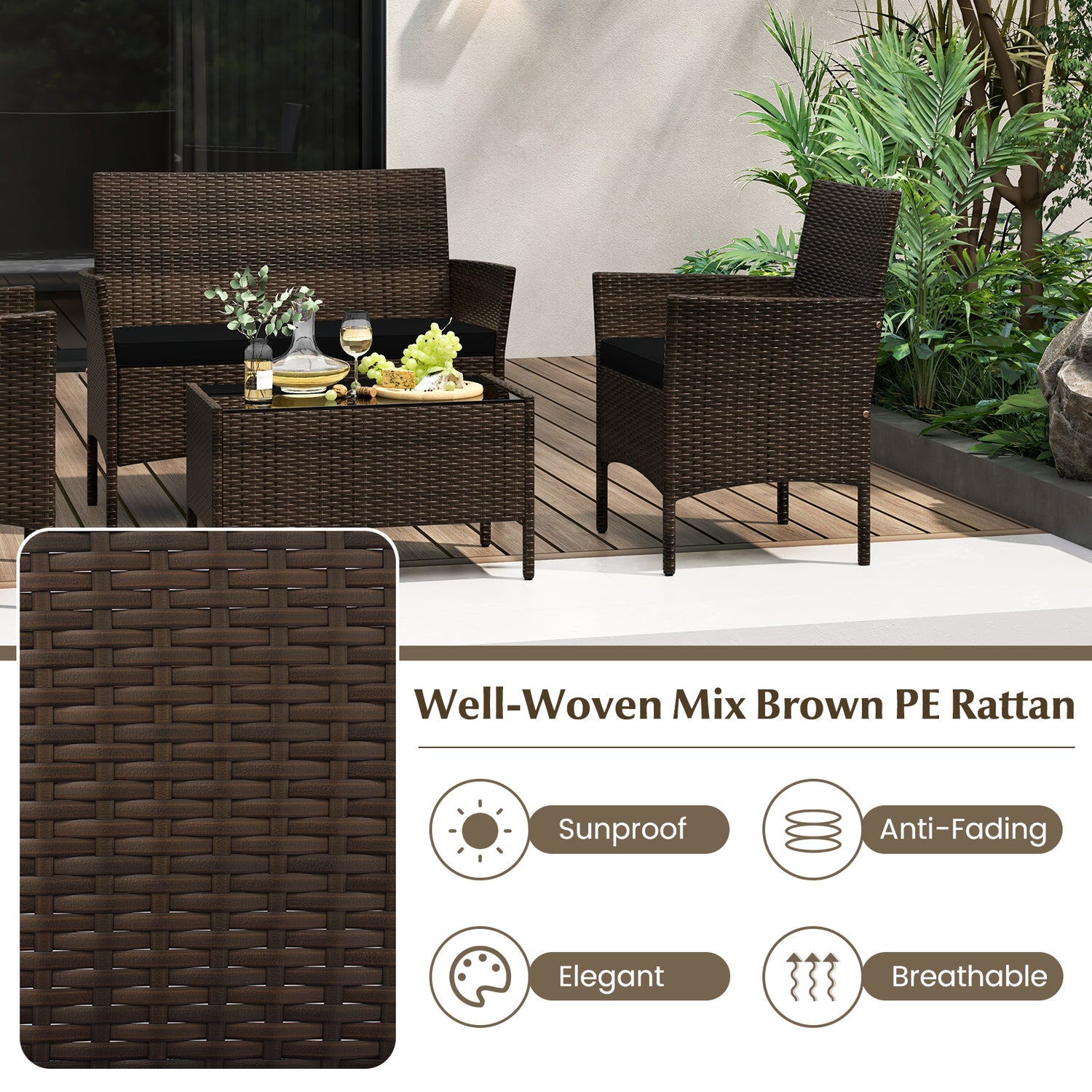 4 Piece Patio Rattan Conversation Set with Cozy Seat Cushions