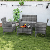 4 Pieces Patio Rattan Conversation Set with Tempered Glass Coffee Table