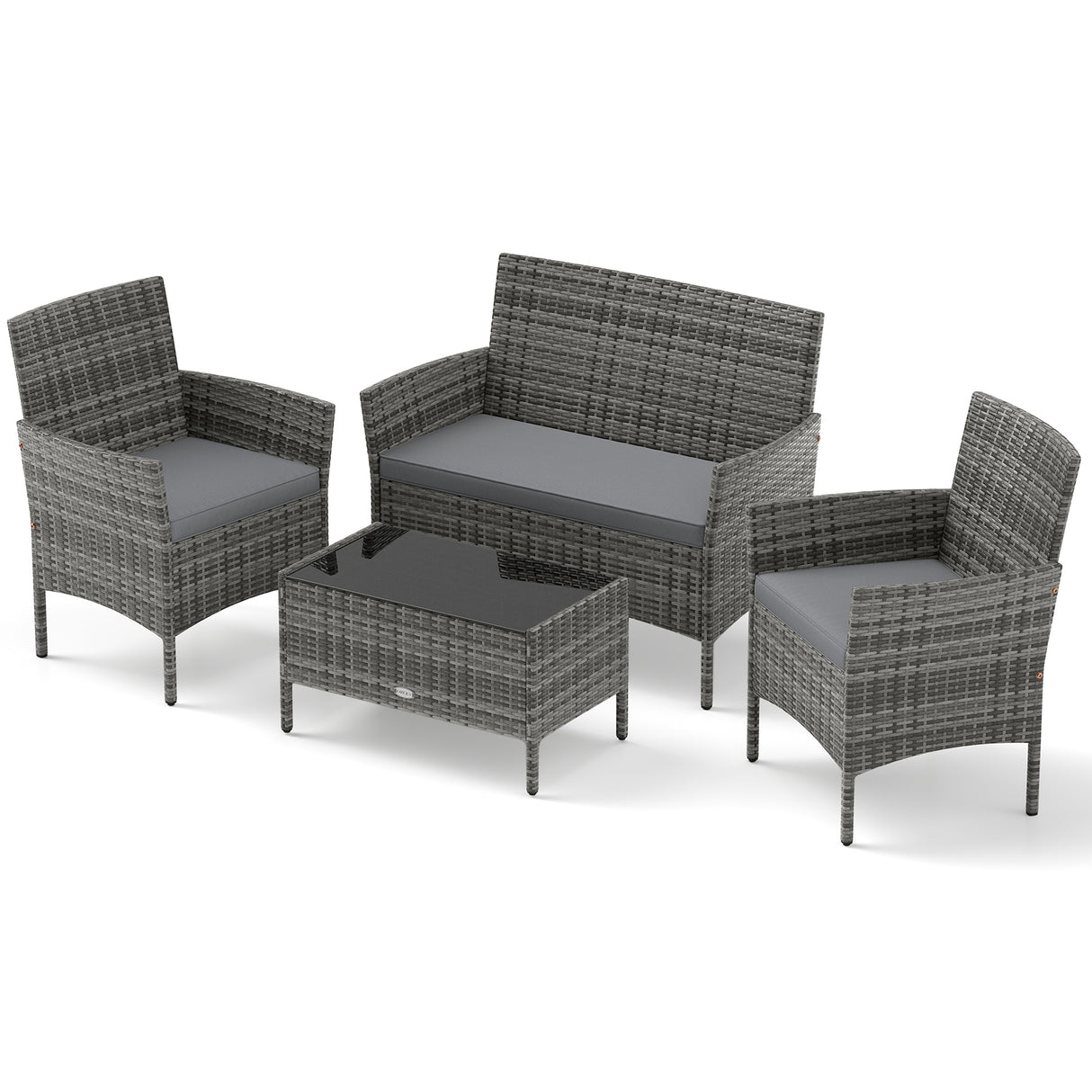4 Pieces Patio Rattan Conversation Set with Tempered Glass Coffee Table