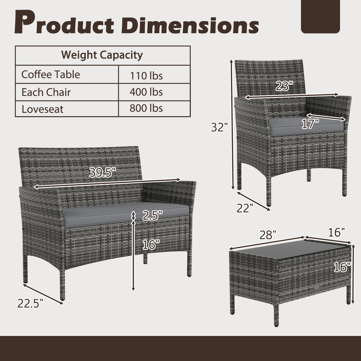 4 Pieces Patio Rattan Conversation Set with Tempered Glass Coffee Table