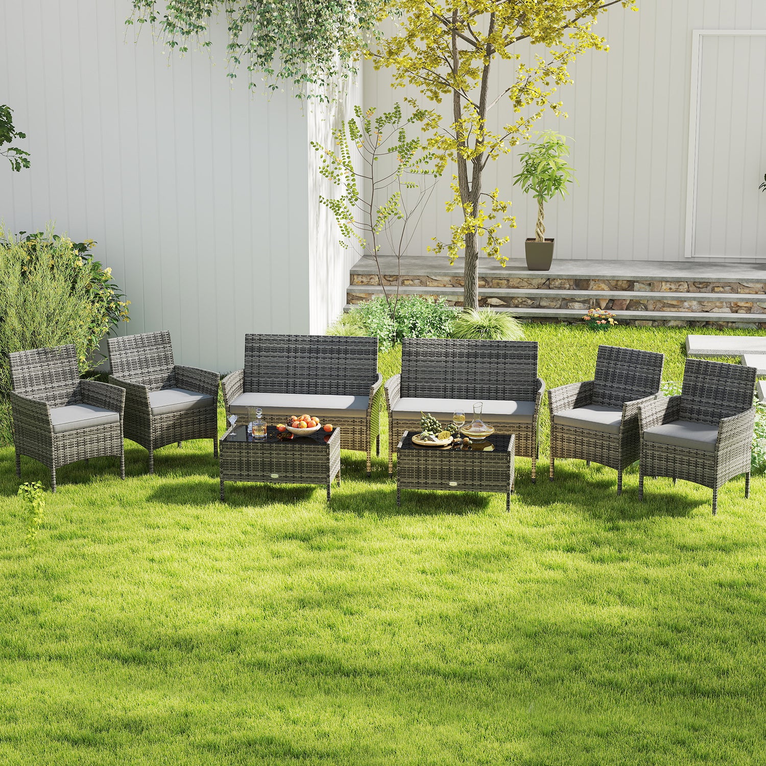 4 Pieces Patio Rattan Conversation Set with Tempered Glass Coffee Table