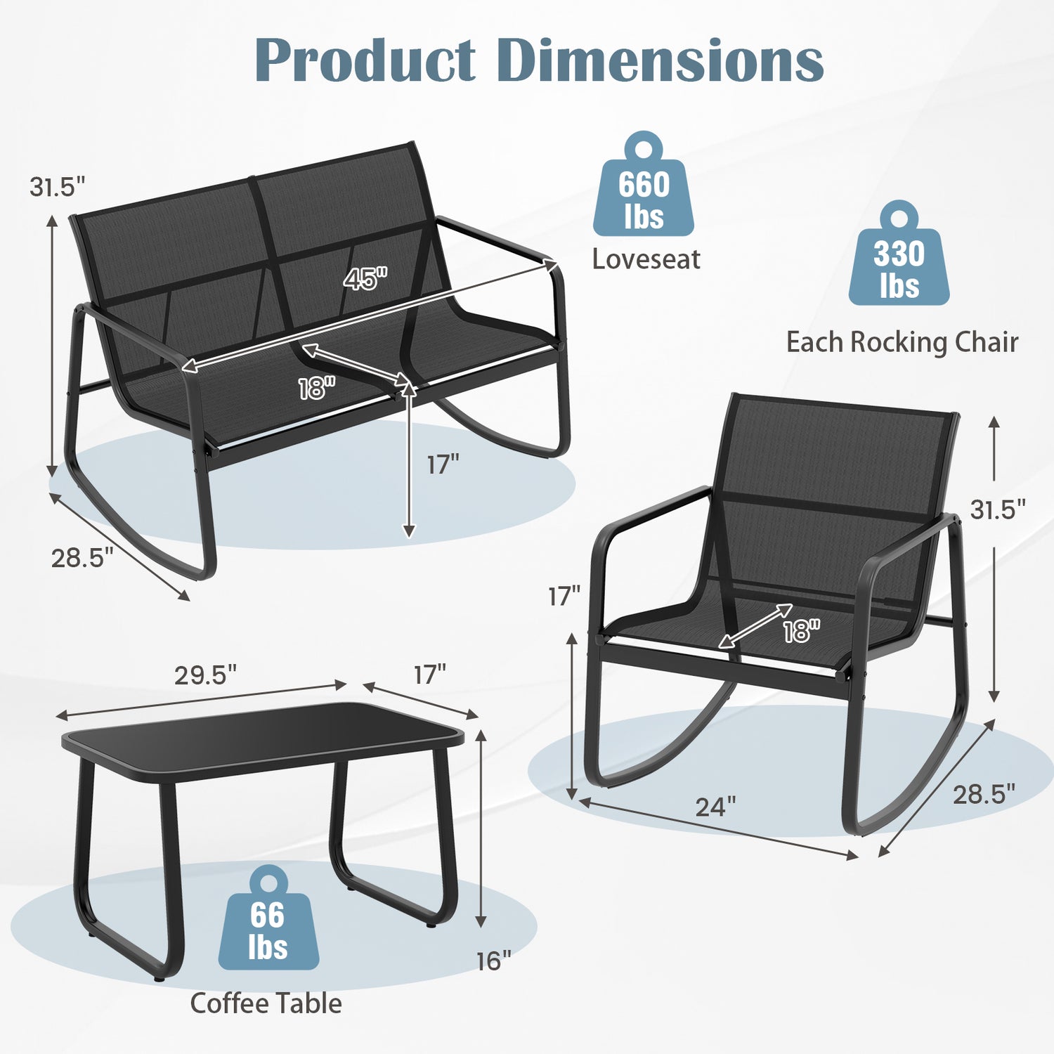 4 Piece Patio Rocking Set with Glass-Top Table