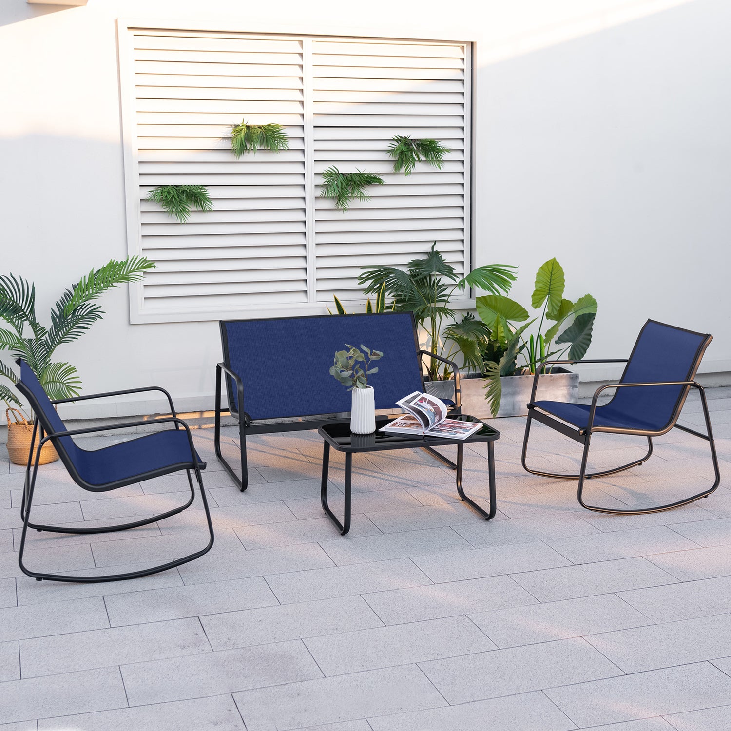4 Piece Patio Rocking Set with Glass-Top Table
