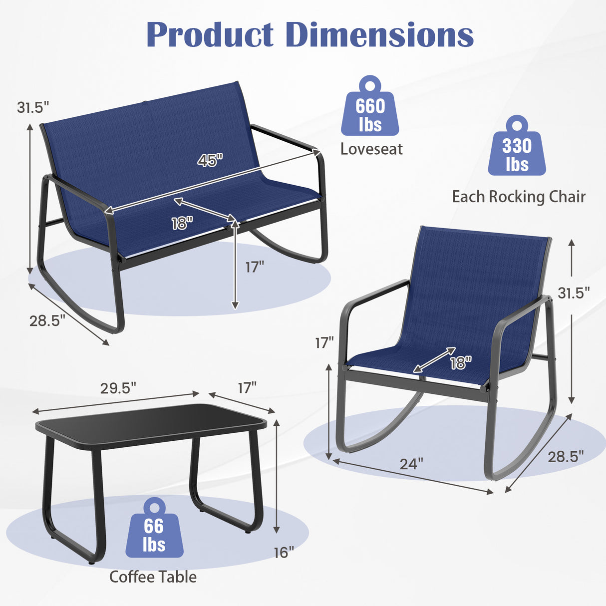 4 Piece Patio Rocking Set with Glass-Top Table