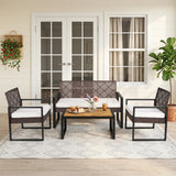 4-Piece Patio Set with Acacia Coffee Table and Wicker Chairs for Backyard-Brown & Black