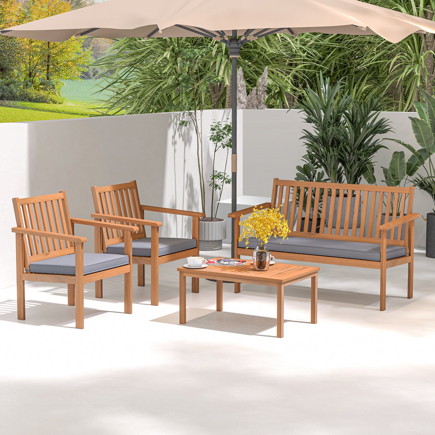 4 Piece Patio Wood Furniture Set Acacia Wood Sofa Set with Loveseat