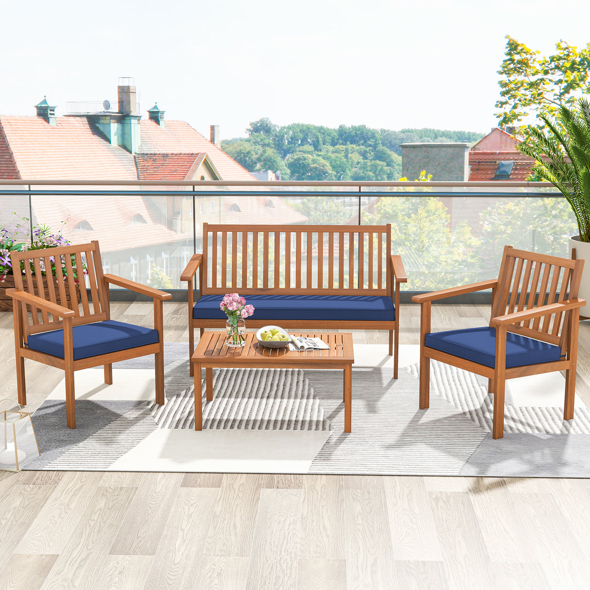 4 Piece Patio Wood Furniture Set Acacia Wood Sofa Set with Loveseat