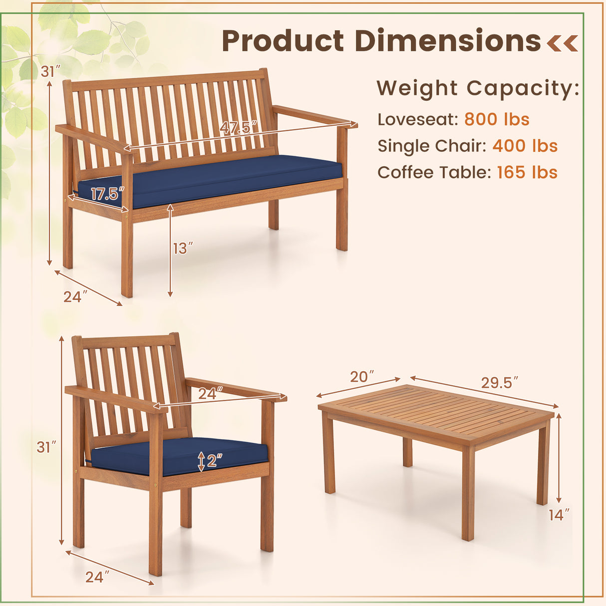 4 Piece Patio Wood Furniture Set Acacia Wood Sofa Set with Loveseat
