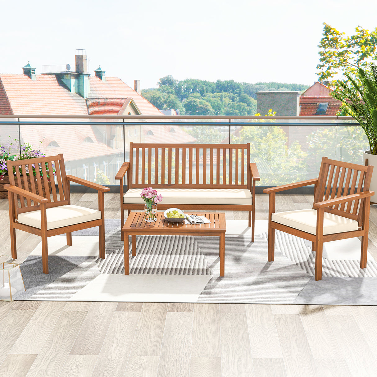 4 Piece Patio Wood Furniture Set Acacia Wood Sofa Set with Loveseat