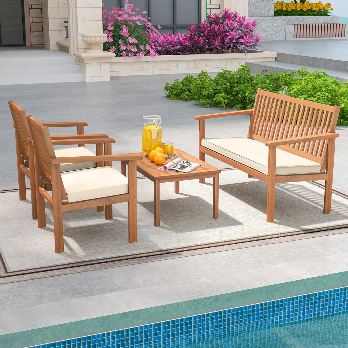 4 Piece Patio Wood Furniture Set Acacia Wood Sofa Set with Loveseat