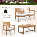 4 Piece Wood Patio Conversation Set with 2 Armchairs and Coffee Table-White