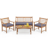 4 Piece Wood Patio Furniture with Armchairs Loveseat and Coffee Table