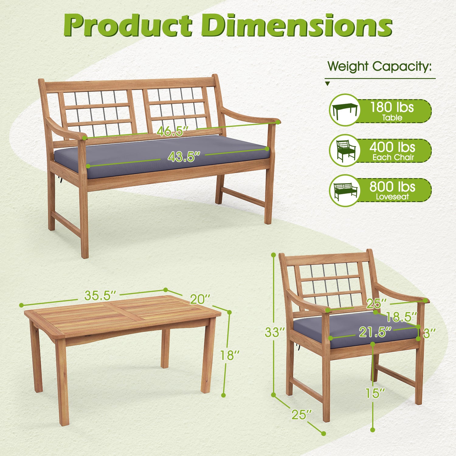 4 Piece Wood Patio Furniture with Armchairs Loveseat and Coffee Table