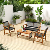 4 Pieces Acacia Wood Patio Conversation Table and Chair Set with Hand Woven Rope