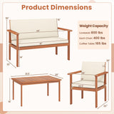 4 Pieces Patio Furniture Set Acacia Wood Porch Chairs with Table-White