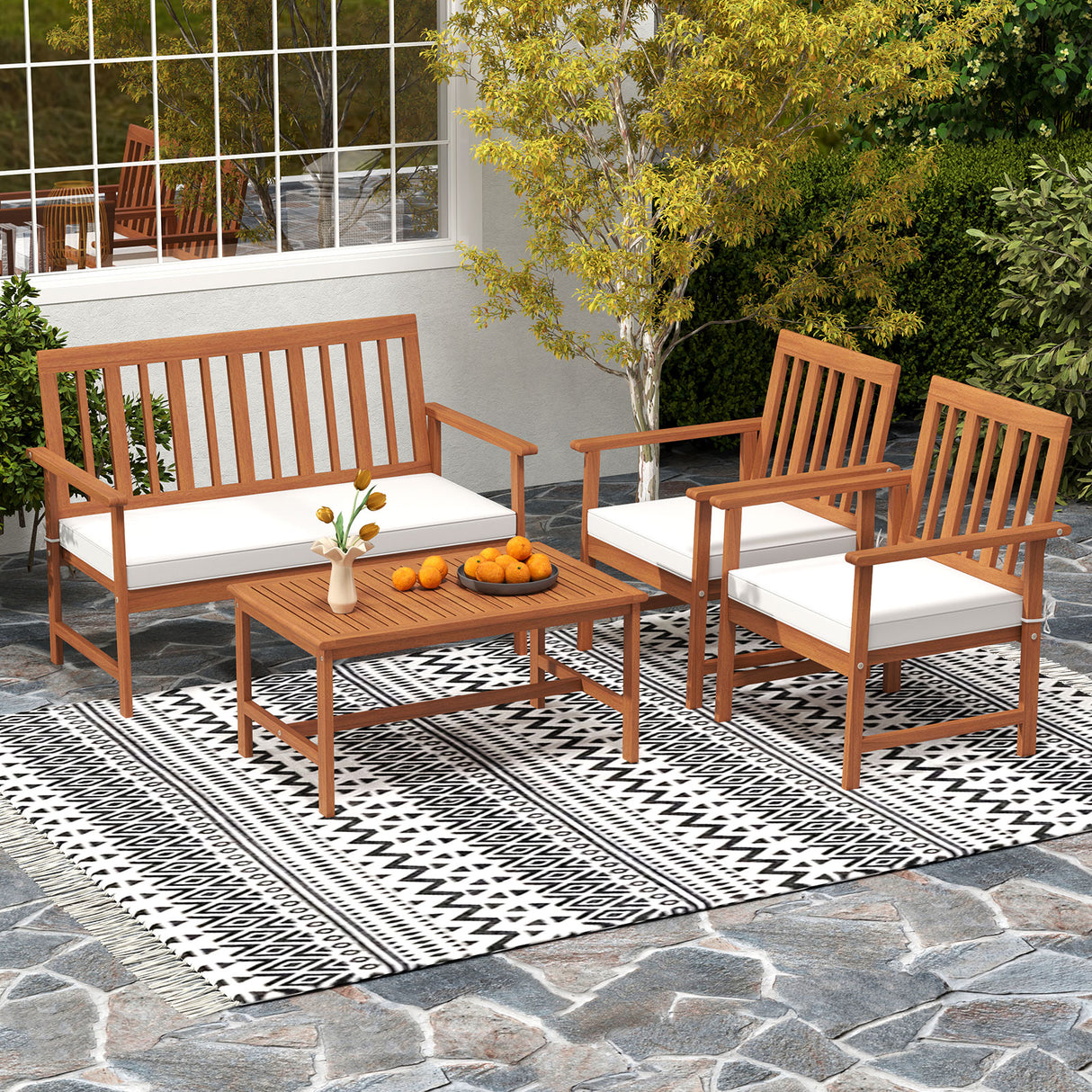4 Pieces Acacia Wood Furniture Set with Seat Cushions and Robust Wood Frame-White
