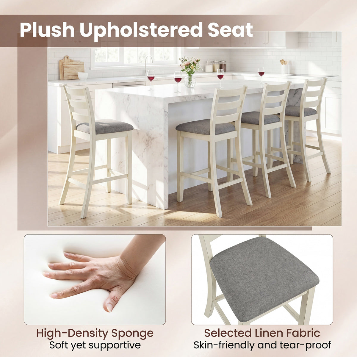 4 Pieces Counter Height Chairs with Fabric Seat and Rubber Wood Legs-Beige