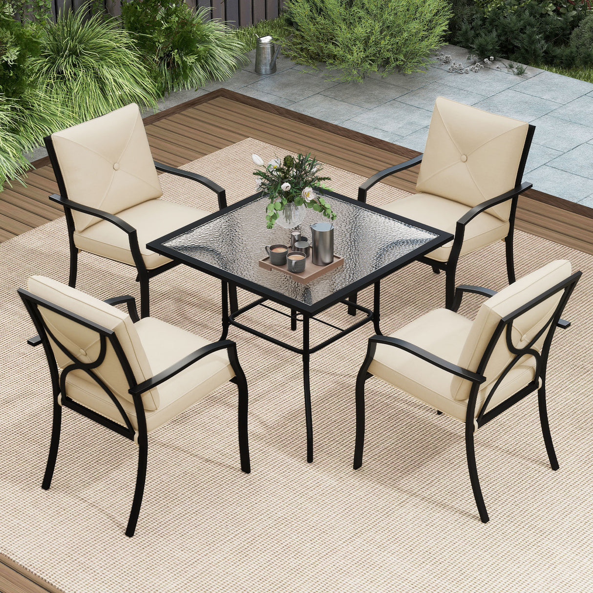 4 Pieces Outdoor Dining Set with Removable Cushions and Rustproof Steel Frame