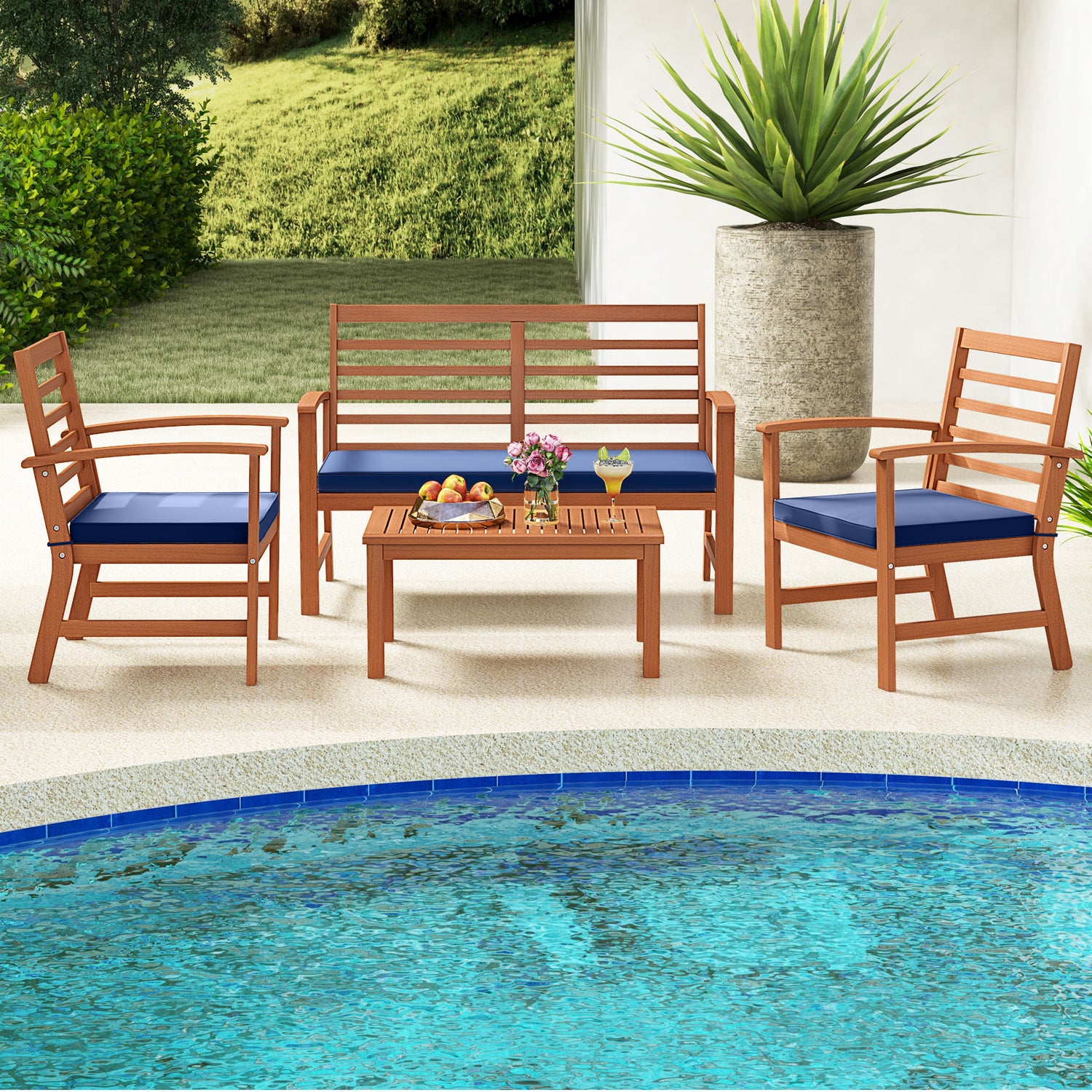 4 Pieces Outdoor Furniture Set with Stable Acacia Wood Frame