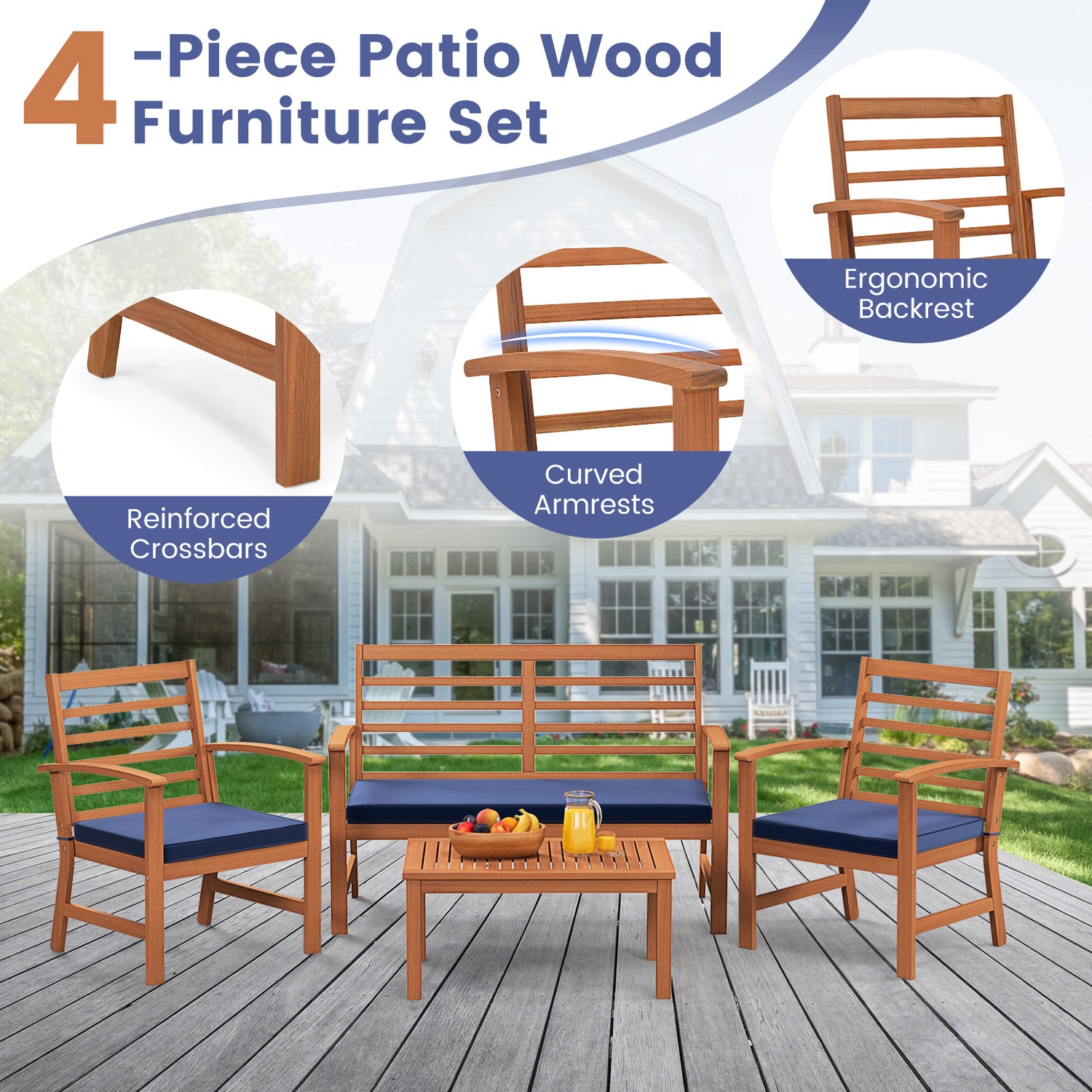 4 Pieces Outdoor Furniture Set with Stable Acacia Wood Frame