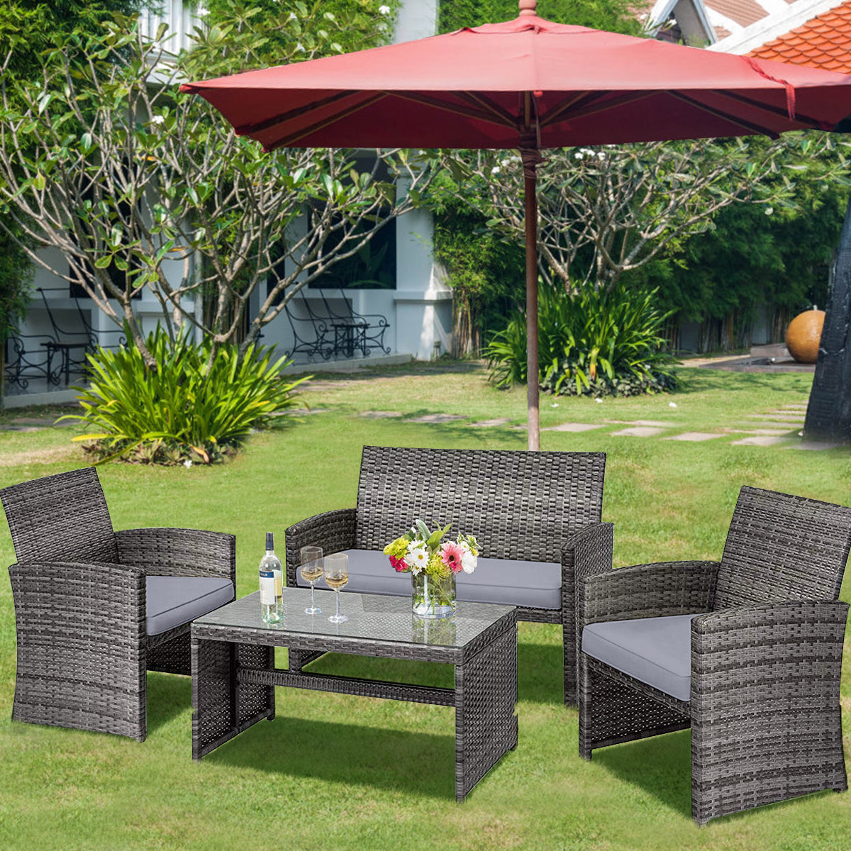 4 Pcs Patio Rattan Furniture Set Top Sofa With Glass Table