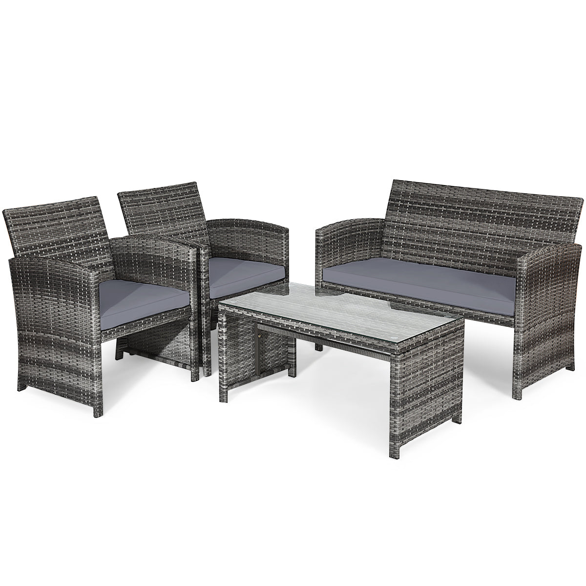 4 Pcs Patio Rattan Furniture Set Top Sofa With Glass Table