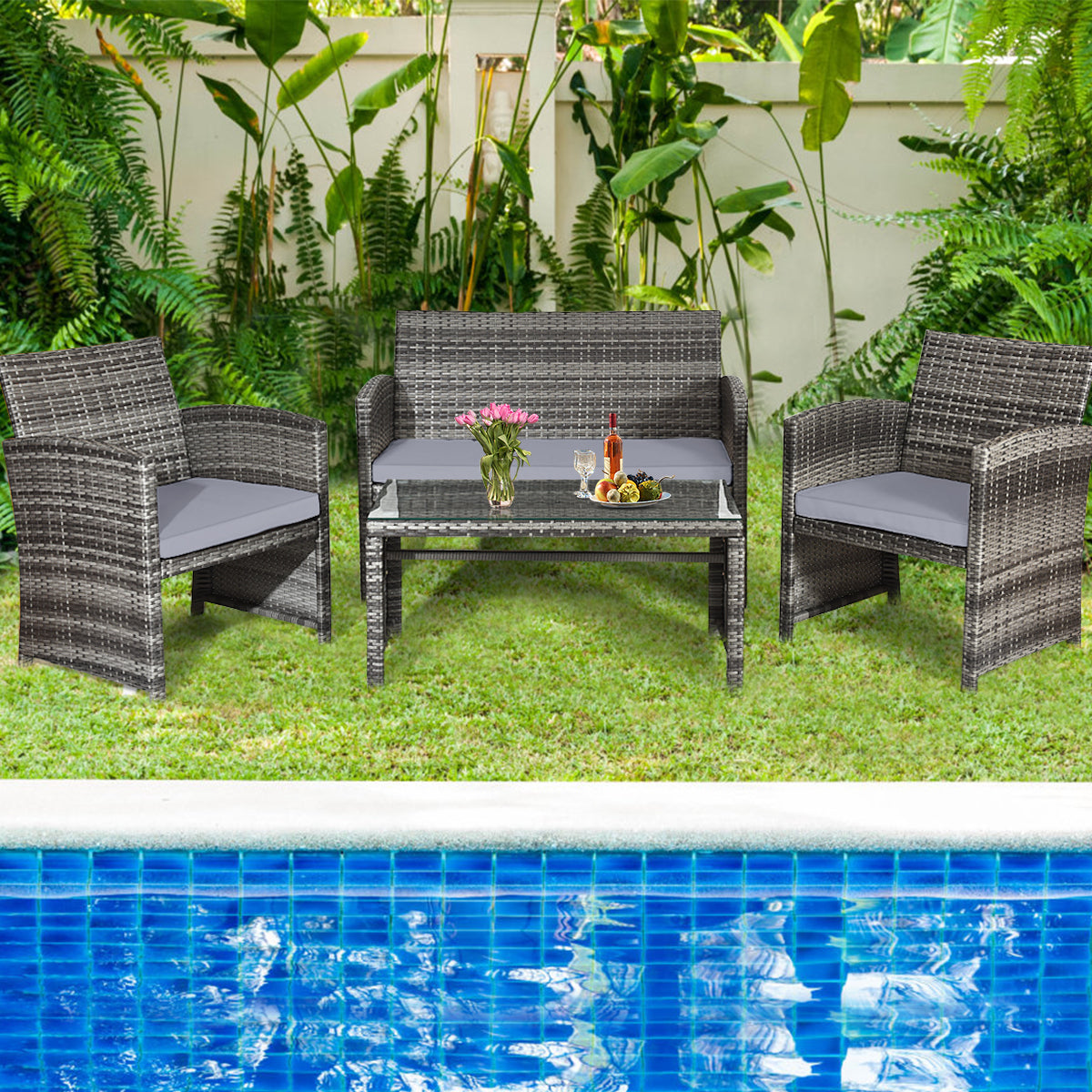 4 Pcs Patio Rattan Furniture Set Top Sofa With Glass Table