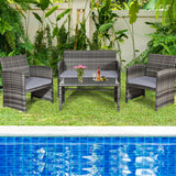 4 Pcs Patio Rattan Furniture Set Top Sofa With Glass Table