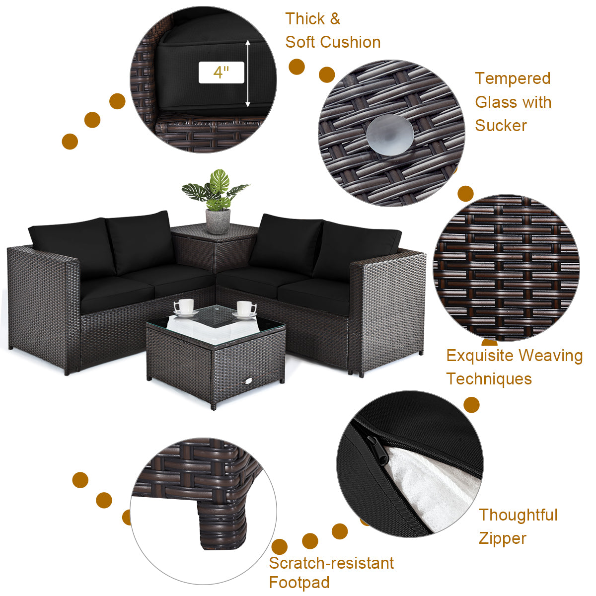 4 Pieces Outdoor Patio Rattan Furniture Set with Cushioned Loveseat and Storage Box
