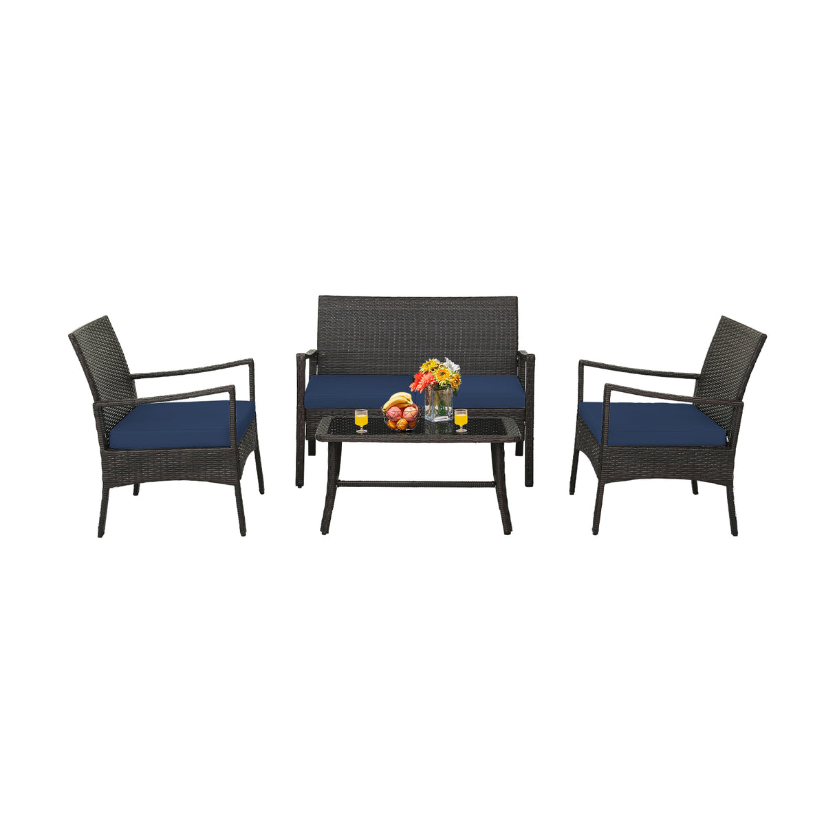 4 Pieces Rattan Conversation Set with Tempered Glass Coffee Table