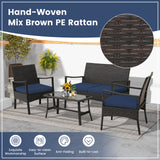 4 Pieces Rattan Conversation Set with Tempered Glass Coffee Table