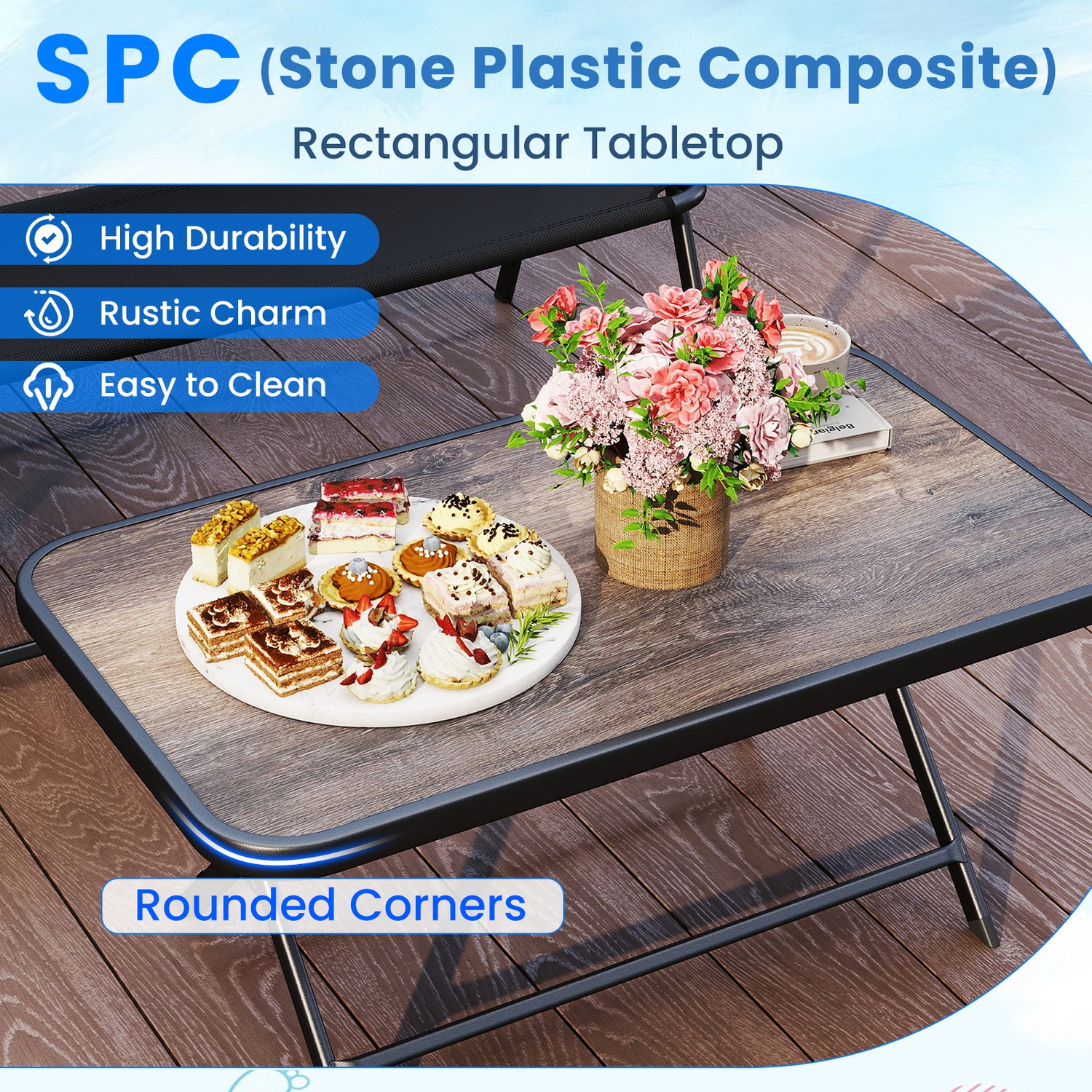 4 Pieces Patio Folding Furniture Set with SPC Coffee Table and Patio Chairs-Black
