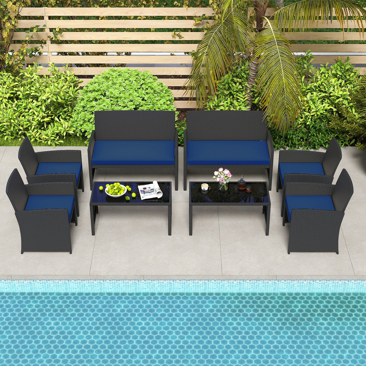 4 Pieces Patio Furniture Set with Tempered Glass Tabletop and Removable Cushion