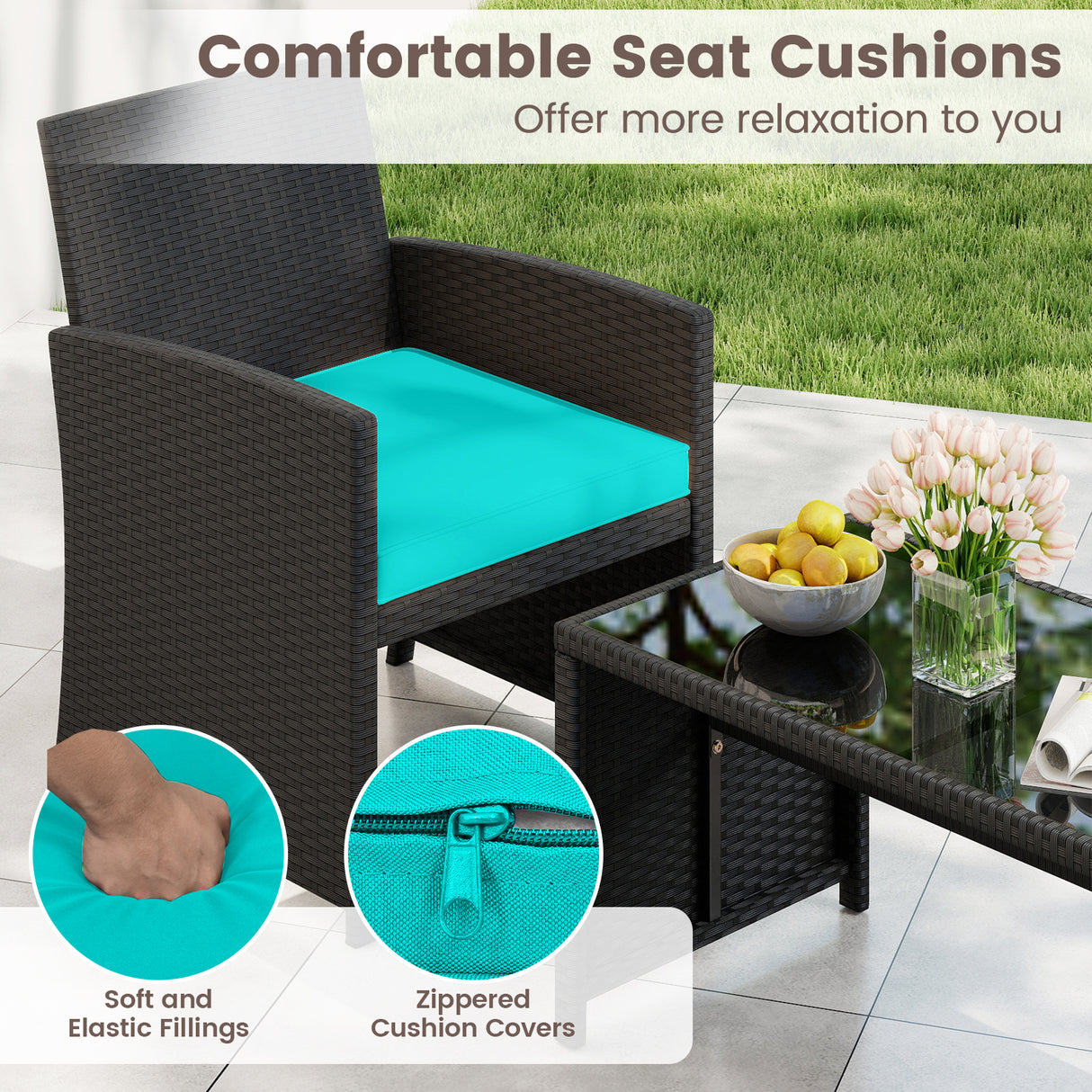 4 Pieces Patio Furniture Set with Tempered Glass Tabletop and Removable Cushion