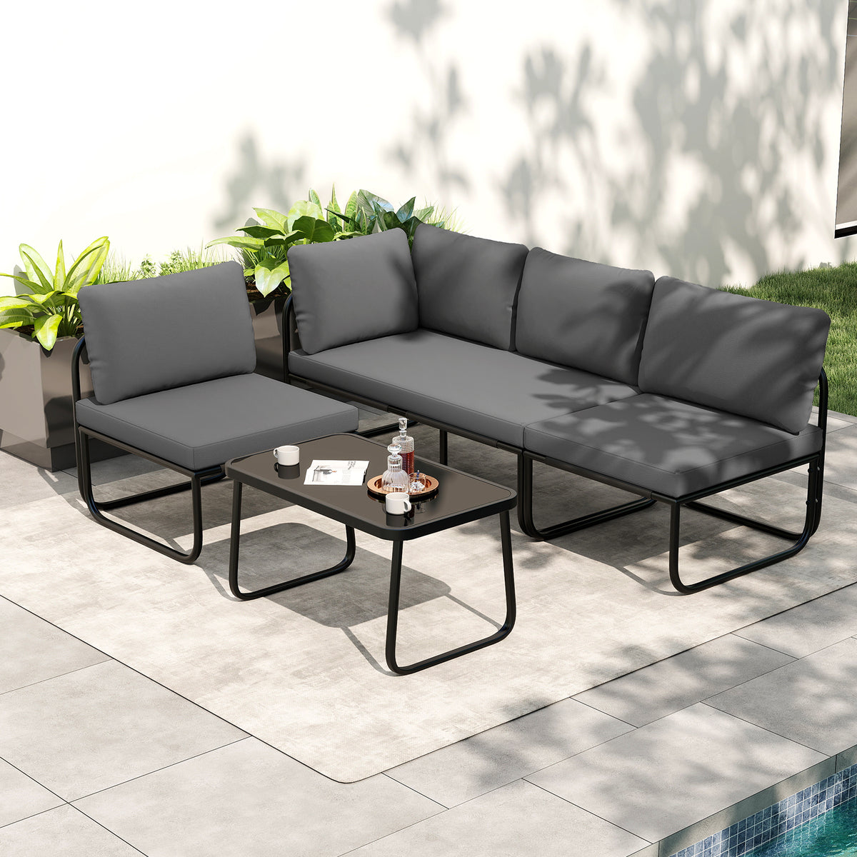 4 Pieces Patio Furniture Set with Cushions and Coffee Table-Gray