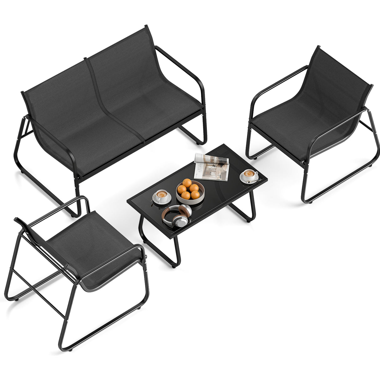 4 Pieces Patio Furniture Set Fabric Lawn Chairs and Loveseat with Glass Coffee Table
