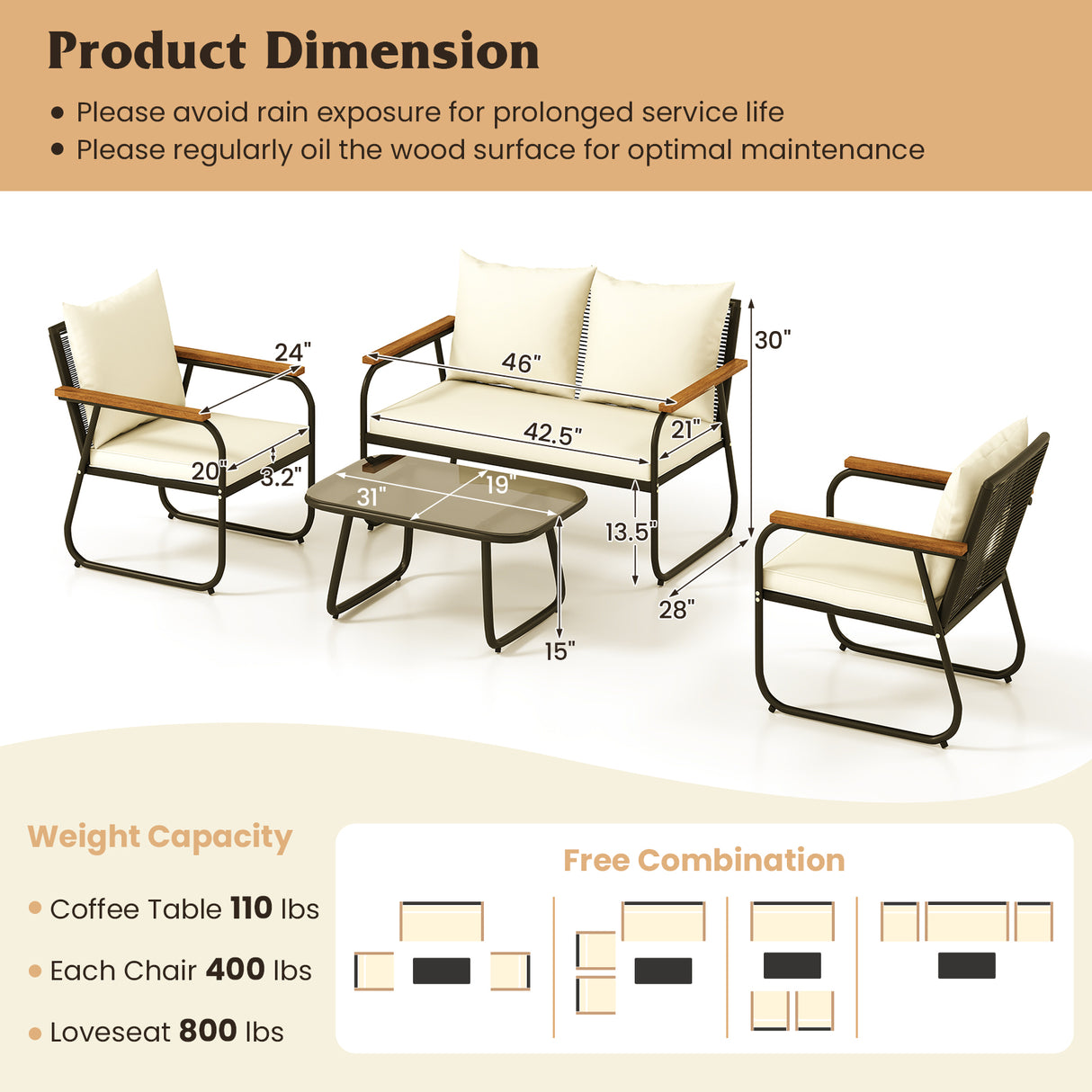 4 Pieces Patio Furniture Set with Tempered Glass Coffee Table