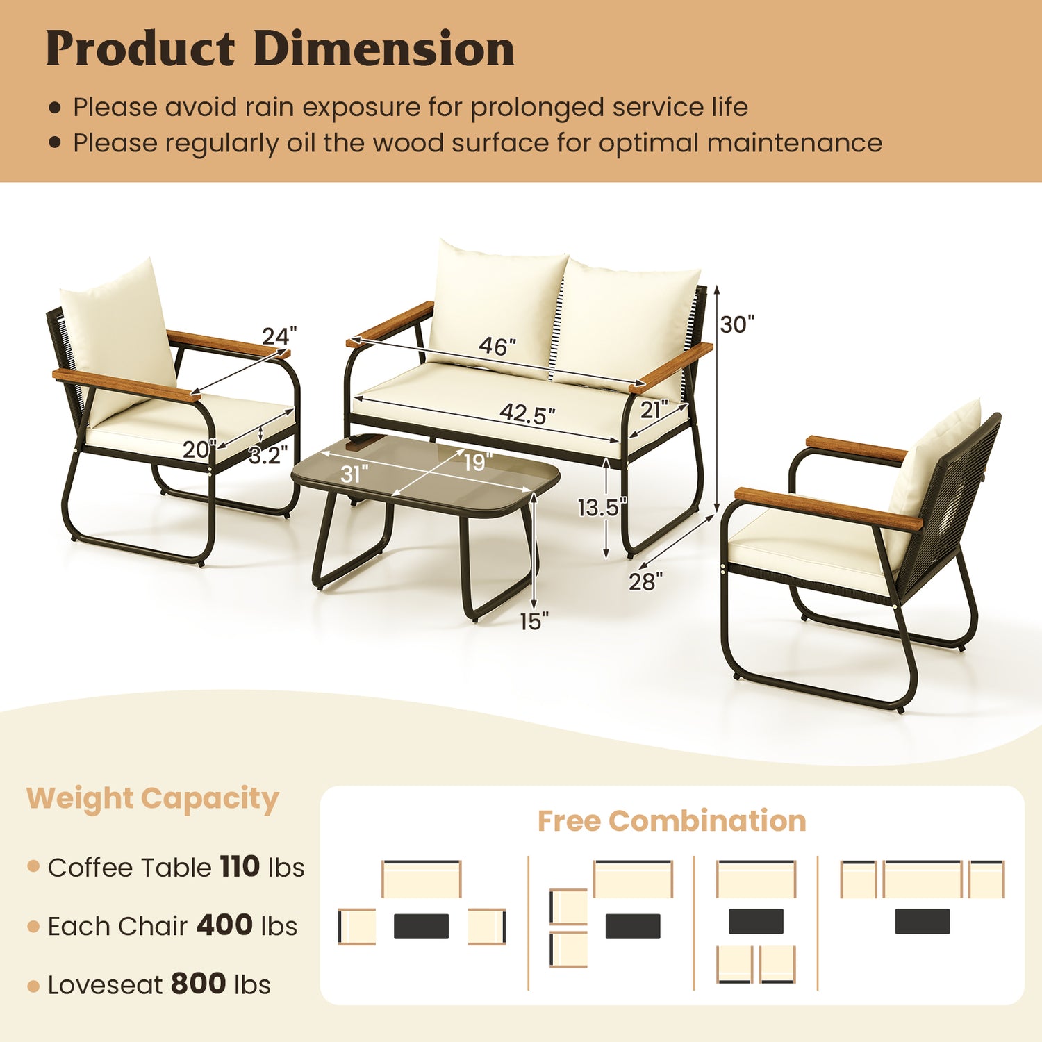 4 Pieces Patio Furniture Set with Tempered Glass Coffee Table