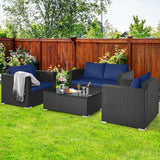 4 Pieces Patio Rattan Conversation Set with Cushions and Coffee Table