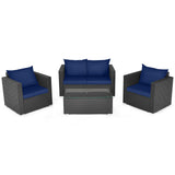 4 Pieces Patio Rattan Conversation Set with Cushions and Coffee Table