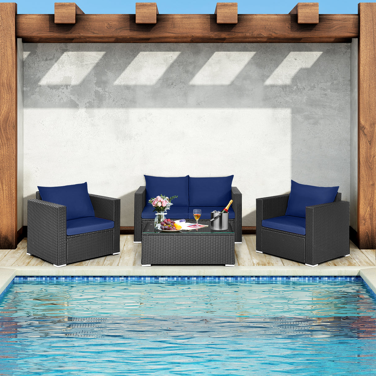 4 Pieces Patio Rattan Conversation Set with Cushions and Coffee Table