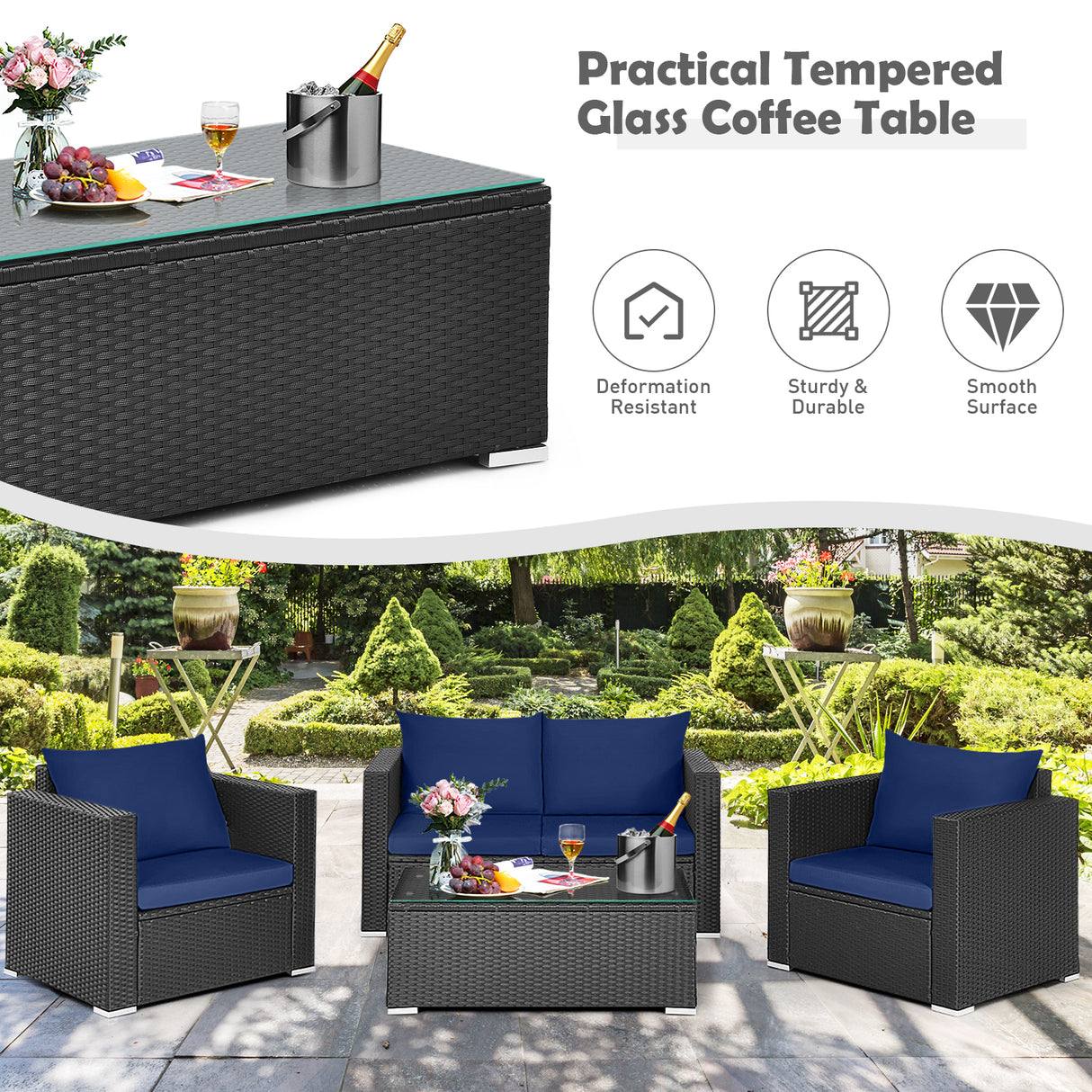 4 Pieces Patio Rattan Conversation Set with Cushions and Coffee Table
