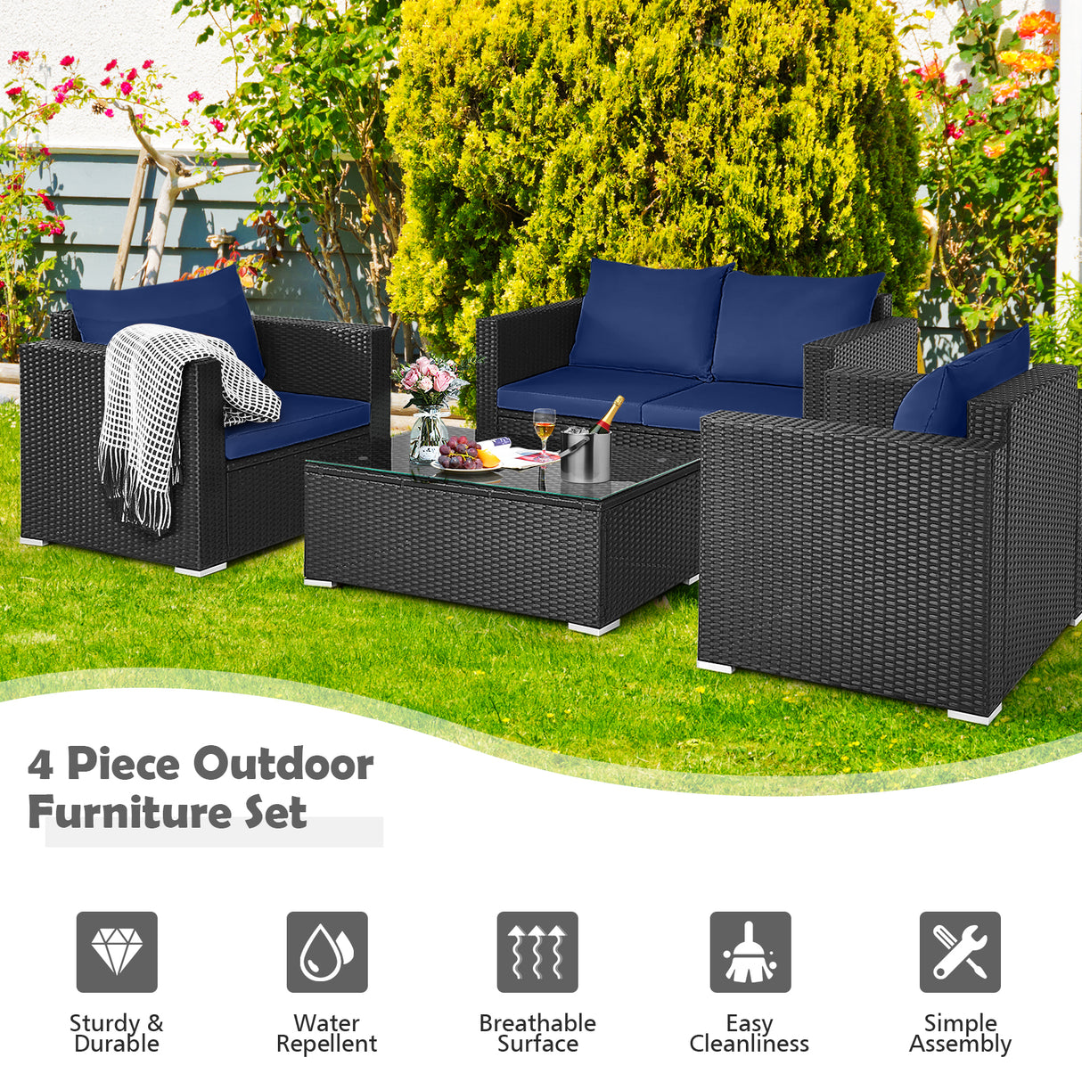 4 Pieces Patio Rattan Conversation Set with Cushions and Coffee Table