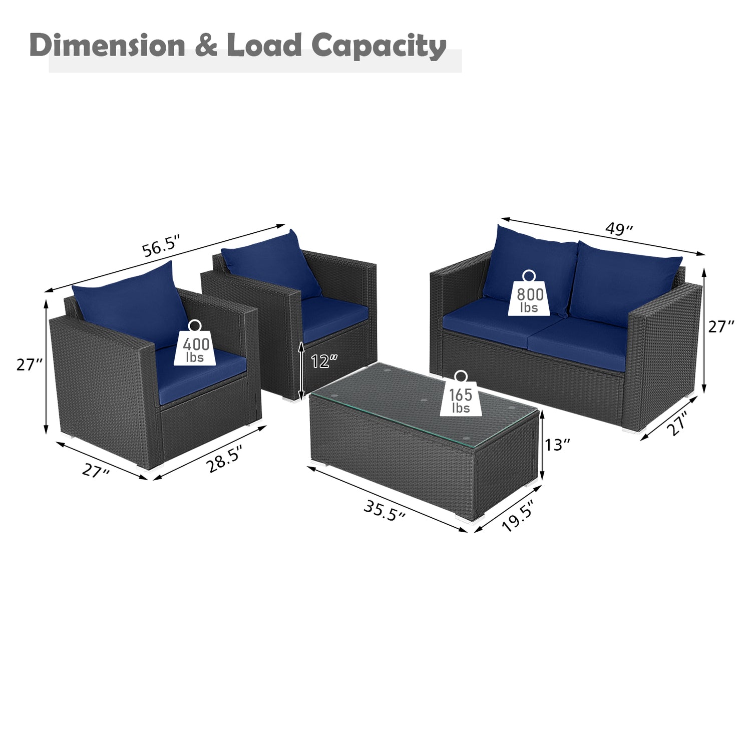 4 Pieces Patio Rattan Conversation Set with Cushions and Coffee Table