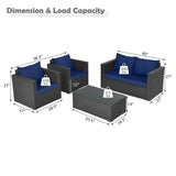 4 Pieces Patio Rattan Conversation Set with Cushions and Coffee Table