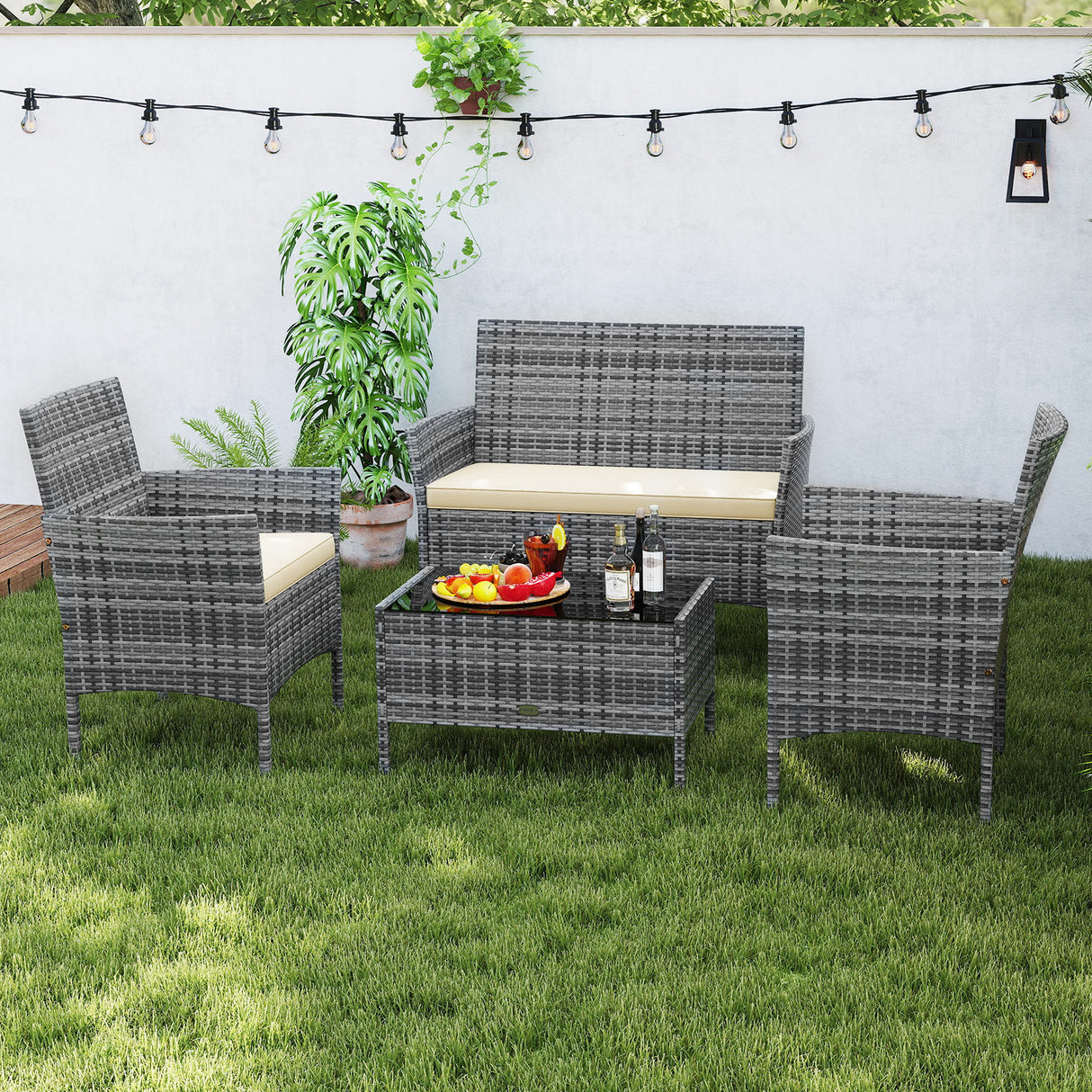4 Pieces Patio Rattan Conversation Set with Tempered Glass Coffee Table