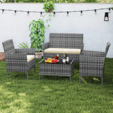 4 Pieces Patio Rattan Conversation Set with Tempered Glass Coffee Table