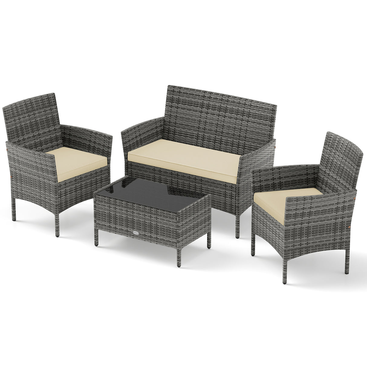 4 Pieces Patio Rattan Conversation Set with Tempered Glass Coffee Table