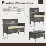 4 Pieces Patio Rattan Conversation Set with Tempered Glass Coffee Table