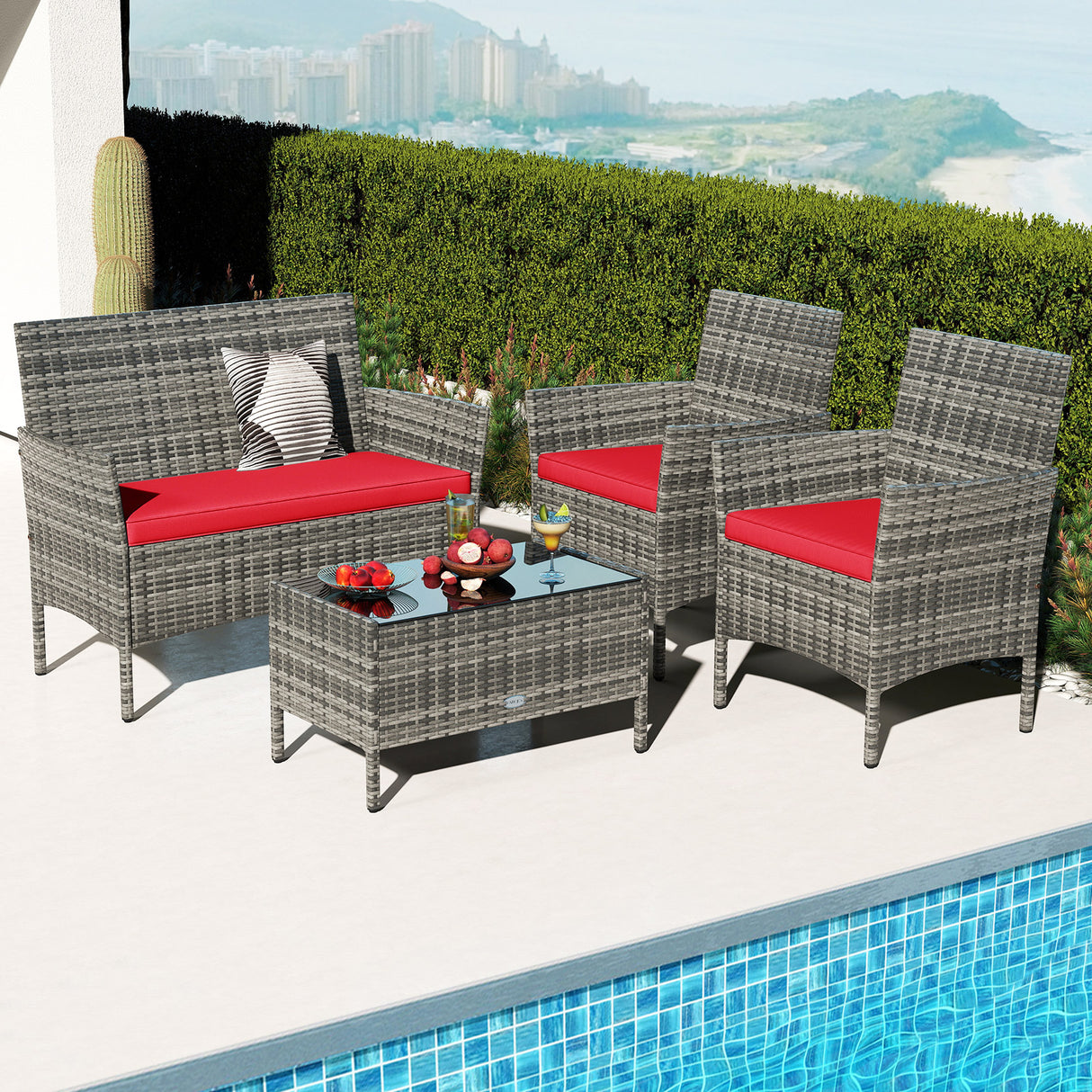 4 Pieces Patio Rattan Conversation Set with Tempered Glass Coffee Table